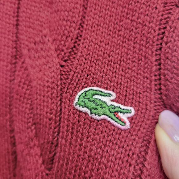 VTG Lacoste Cable Knit Sweater XL+ V-Neck Burgundy Retro Preppy Skater Academia - Picture 6 of 9